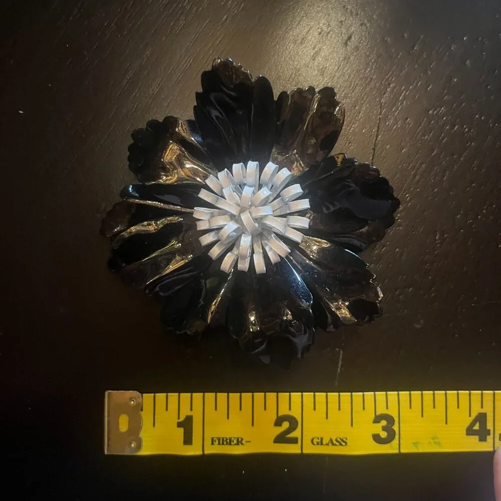 Vintage Black and White Metal Flower Brooch and Clip on Earring Set